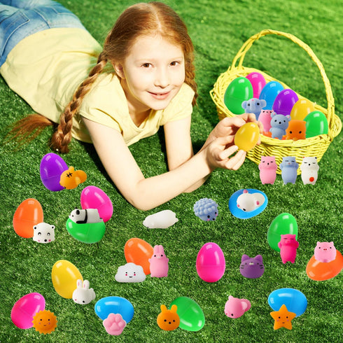 24 Pack Fillers Easter Eggs with Mochi Squishy Toys Surprise Mini Kawaii Animal Squishies Stress Relief Toys for Easter