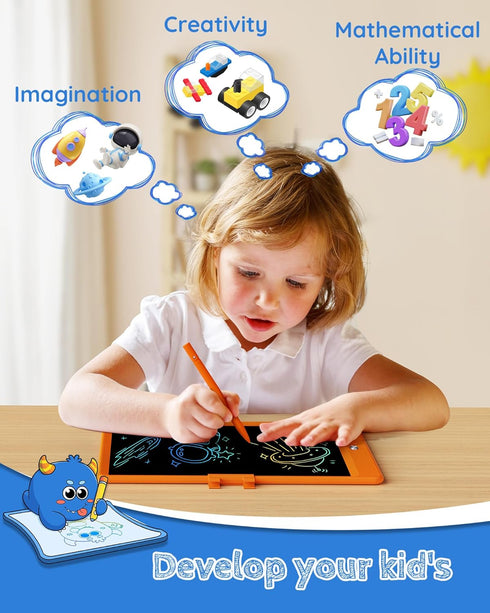 TEKFUN 10IN LCD Writing Tablet for Boys Girls, Magic Doodle Board with Anti-Lost Stylus, Mess Free Coloring (Orange)