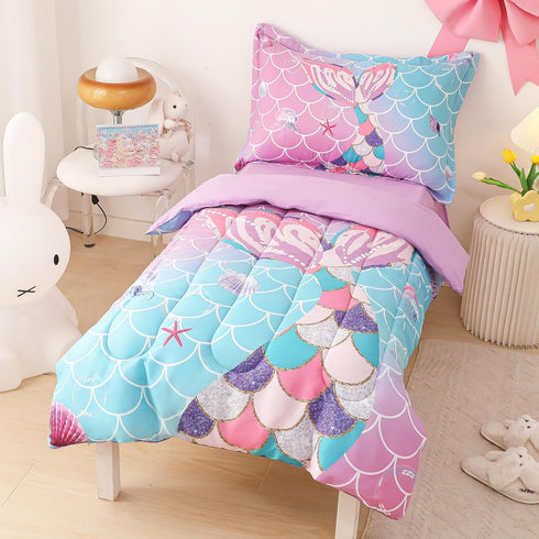 Set 4-Piece Sets Set, VIVILINEN Toddler Bedding for Girls Mermaid Tail Toddler Comforter for Baby Purple Blue Toddler