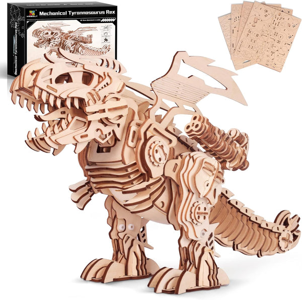 MIEBELY 3D Wooden Puzzles for Adults, T-Rex Dinosaur Model Kits that Walk and Roar, Mechanical Dinosaur Toys for Kids