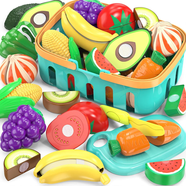 Cutting Play Food Toys for Kids, Pretend Kitchen Accessories, Fake Fruits/Vegetables Set with Storage Basket,