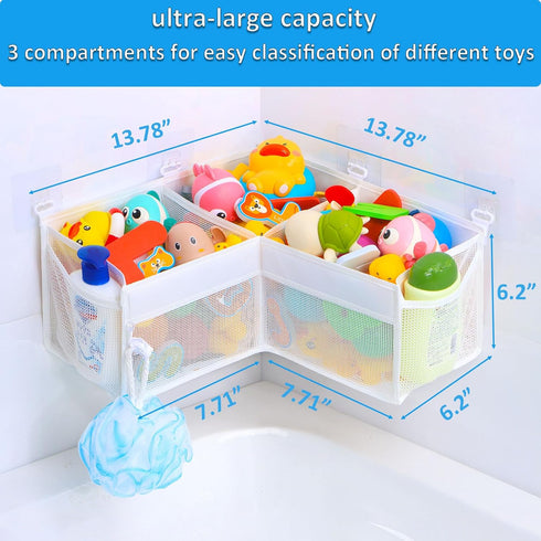 KPH 3-Compartment Corner Bath Toy Organizer - Space-Saving Bath Toy Storage, Mesh Bathroom Toy Holder for Kids, Durable
