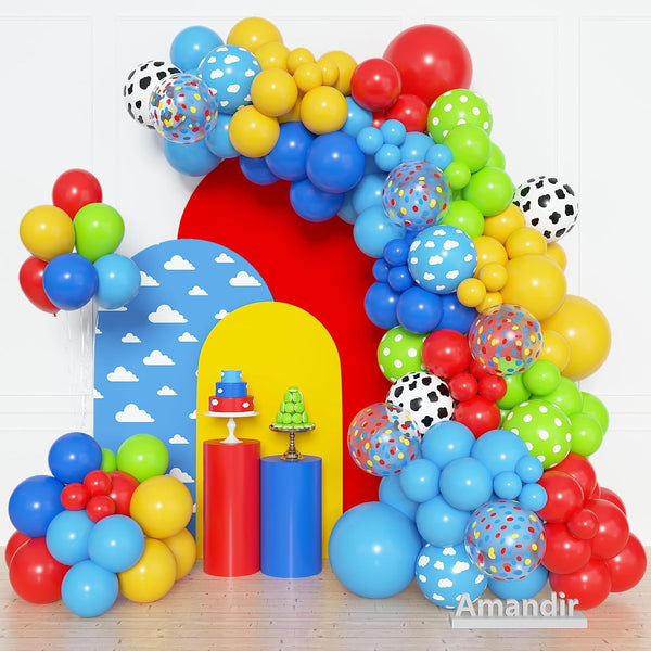Amandir 152Pcs Balloon Arch Garland Kit, Blue Red Yellow Cow Cloud Pattern Latex Balloons for Kids Birthday Baby Shower