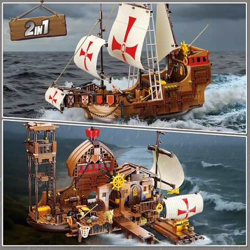 Set 2 1 1253 12+ HiWEEGO Santa Maria Ship Building with LED Lights, in Pirate Ship House Wharf Building Block Kit, PCS