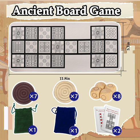 Ancient Board Game: Royal Game of UR & Senet - 1 Board, 8 Wooden Dice, 14 Wooden Pieces, Metal Box