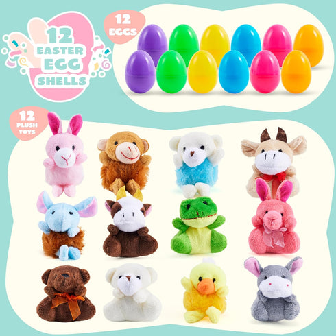 12 JOYIN Pcs Prefilled Easter Eggs with Plush Toys, Plastic Eggs Filled with Mini Stuffed Plush Toys, Basket Stuffers