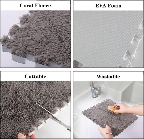 12 0.6" 12 (11.8", pcs Thickened Plush Interlocking Floor Mat Thick- Fluffy Square Tiles with Edgings Soft Anti-Slip