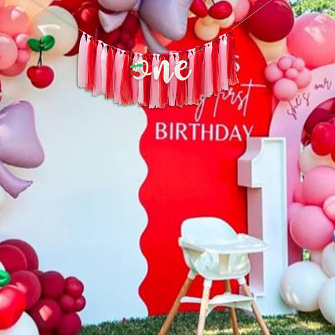 Cherry One High Chair Banner - Cherry Themed First Birthday Party Banner Garland, Sweet Girl Birthday Party Decoration