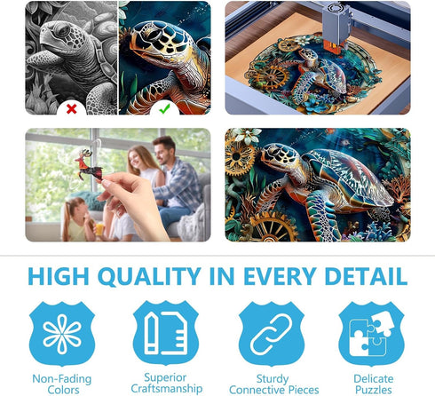 (L-13.4 13.3in -290 Wooden Puzzles for Adults, Embossed Sea Turtle Puzzle for Adults, Unique Shaped Wooden Jigsaw