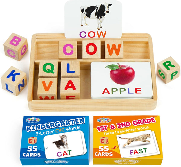 BenBen Educational Toys - Montessori 110 Flash Cards CVC Word Builder for Kids 3-6, Alphabet Learning and Spelling Games