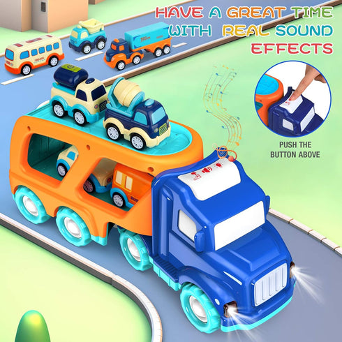 9 Pack Cars Toys for Toddlers 2-5 Years, Big Transport Truck with 8 Small Pull Back Trucks, Carrier Truck with Sound