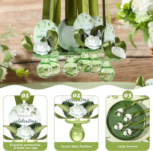 48 Coume Pcs Sage Green Baby Shower Favors Acrylic Pacifier Necklace Thank You Gift Bulk with Cards for Guests Prizes