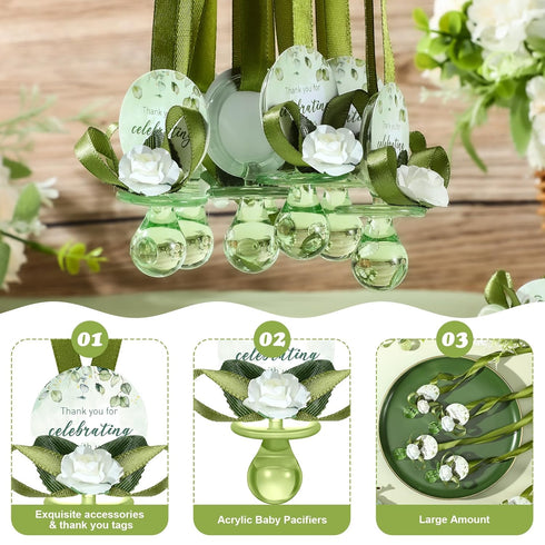 Coume 60 Pcs Sage Green Baby Shower Favors, Acrylic Pacifier Necklace with Thank You Cards for Guests