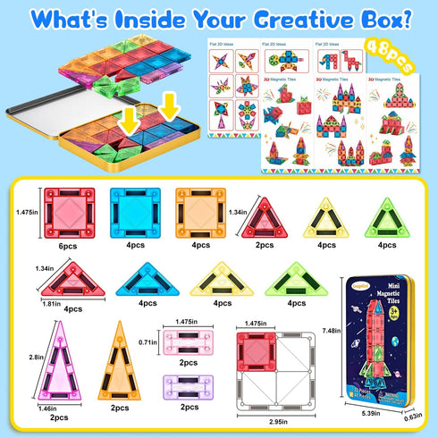 LeagoEra Set 48 3-12 Magnetic Tiles Magnetic Blocks Building Toy: Portable Mini Magnetic Tiles Travel Pieces Montessori