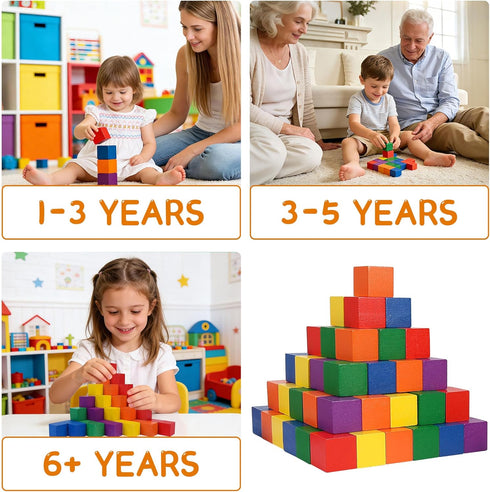 108 Pack 1 Inch 6 3+ Offelec Wooden Blocks, Colors STEM Math Sorting Toys, Wood Building & Stacking Blocks