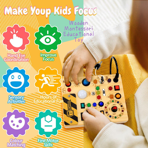 1 2 3 1+ Busy Board with LED Light Switches, Montessori Toys for Years Old, Toddlers Wooden Toy Sensory Activity Board