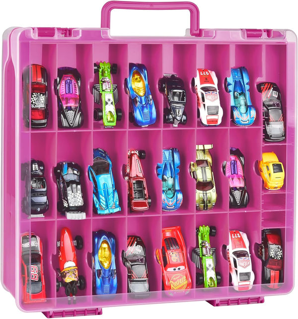 ALCYON Double Sided Organizer Case for Hot Wheels, Matchbox Cars, Mini Toys, Small Dolls - 48 Compartments, Purple (Box
