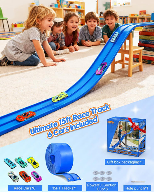 15 3 6 1/64 Ft Flexible Car Tracks for Kids Age Up, Race Track with Toy Cars, Flex Track Compatible Diecast Cars