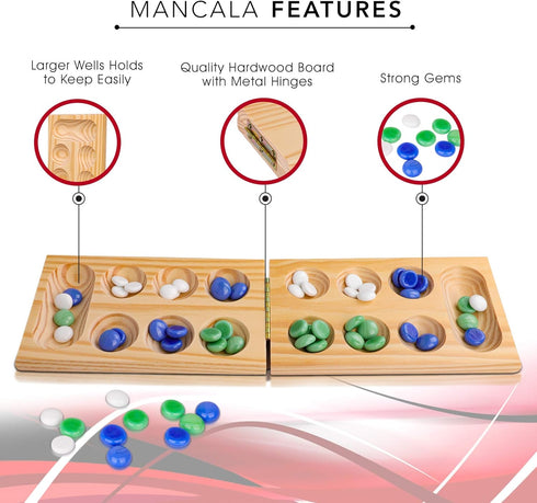 Point Games Solid Pine Mancala - Folding Board Game with Blue, Green, White Marbles, Portable Strategy Game