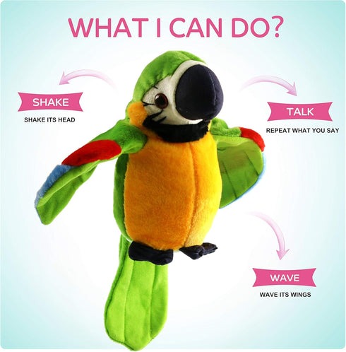 Houwsbaby 9'' Green Electronic Musical Talking Parrot Plush Toy, Interactive Recording Stuffed Animal for Kids