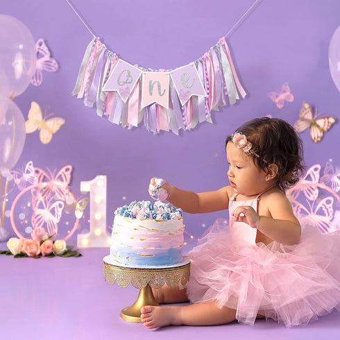 Agvgaza 1st Pink & Purple Butterfly Highchair Banner for Girls - Spring Butterfly One Party Decor & Cake Smash Photo
