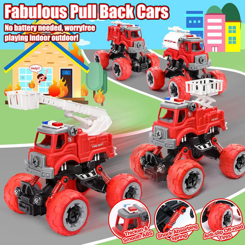 LUDILO 4PCS Fire Truck Toys for 3-5 Year Old Boys, DIY Assembly Take Apart Firetruck with Electric Drill, STEM Building