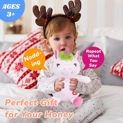 Hopearl Talking Unicorn, Nodding Electric Interactive Toy, Repeats What You Say, Plush Buddy for Toddlers, 7.5''