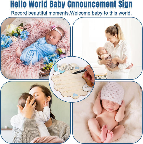 FYSUIMU Bear Theme Birth Announcement Sign Hello World Newborn Sign Cute Blue Bear Newborn Milestone Wooden Board