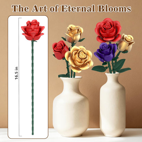 QIFUN Set, 501Pcs Rose Bouquet Flowers Building Red Purple Golden Roses Artificial Flowers Botanical Collection