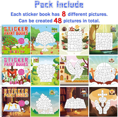 6PCS 4-8 48 Bible Paint by Stickers for Kids Ages VBS Crafts Sticker by Number Puzzle Activity Book Christian Gift