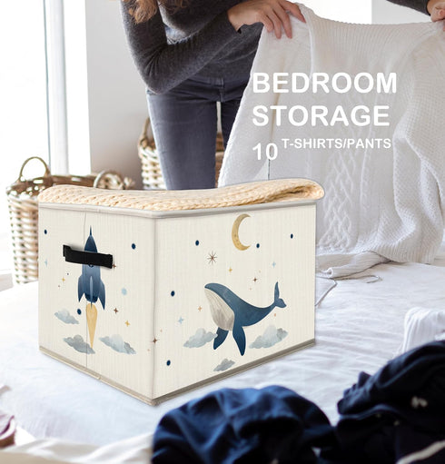 FDHSPAAM Outer Space Rocket Whale Nursery Storage Bins Box with Handles, Cosmic Galaxy Planet Star Moon Collapsible