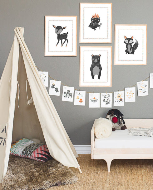 Children's Wall Art Prints, Boho Woodland Animal Room Collection, Set of Four 8x10 Prints and 5x7 Wall Cards