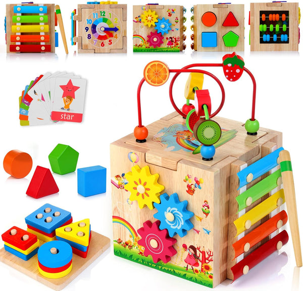 HELLOWOOD 8-in-1 Wooden Activity Cube for Kids, Sorting & Stacking Toys Shape