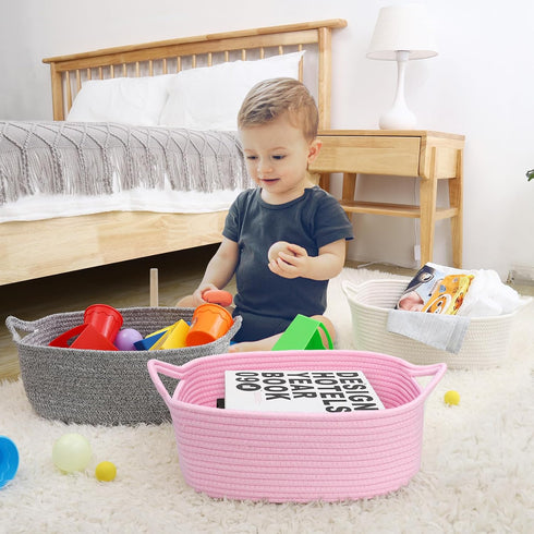 ABenkle Cotton Woven Rope Storage Basket, Decorative Toy Bin with Handle for Nursery and Organizing Shelves