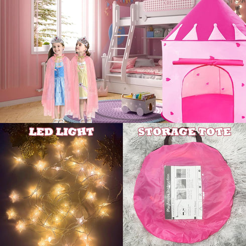 WTOR Princess Castle Play Tent Dress Up with LED Glow Stars, 15Pcs Cape & Crown for Girls, Indoor & Outdoor Use (Pink)