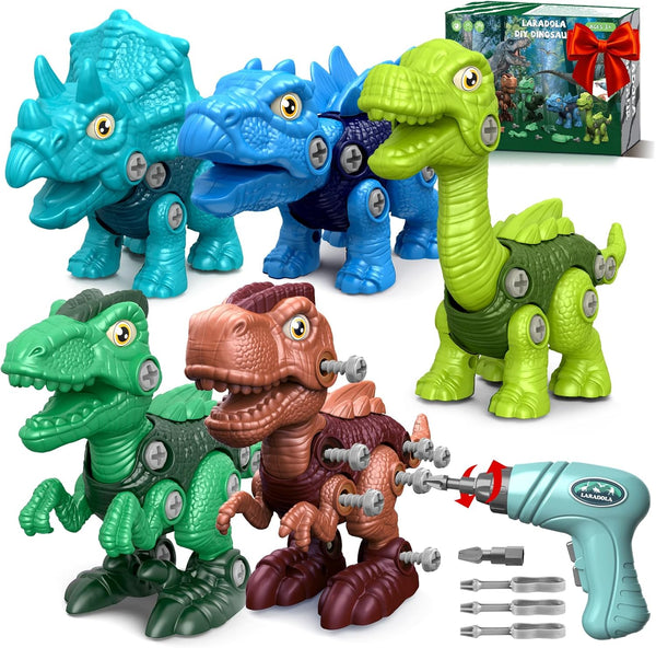 Laradola 5 Pack Stem Educational Dinosaur Toys with Wheels for Kids 3-5