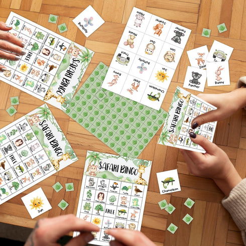 Neutral Gender Reveal Party Bingo Game, 24 Player Safari Jungle Animal Cards for Family Activity, Pregnancy Announcement