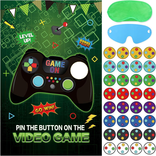 Pin The Button on The Video Game Party Game with 32 Stickers and Large Poster for Kids Birthday Decoration