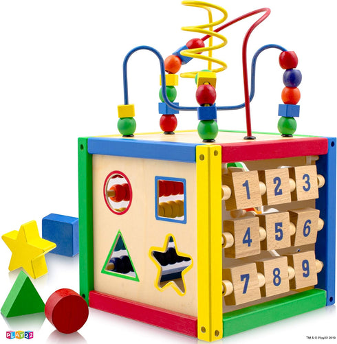 Play22 6 in-1 Counting Counting 8Pcs Wooden Activity Cube for Baby - Baby Activity Play Cube with Bead Maze, Shape