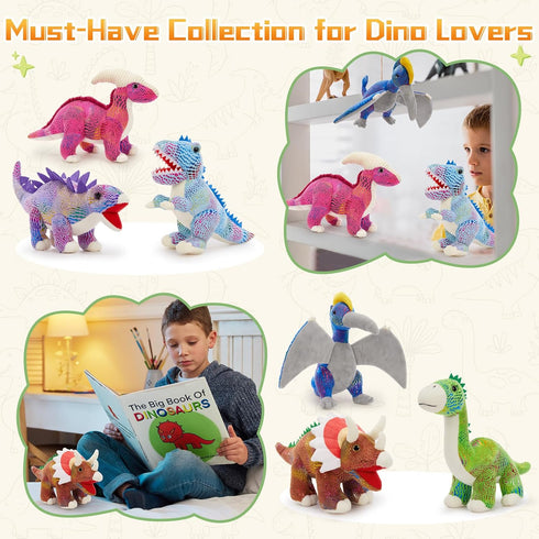 6Pcs 12'' MaoGoLan Stuffed Animals Bulk Dinosaur Plushies with Sequin, Stuffed Dinosaur T-Rex Blue Velociraptor Toys