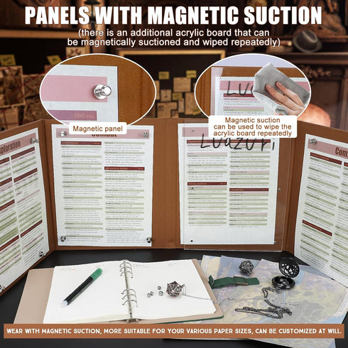DND DM Screen 5e | Deluxe Leather 4-Panel Customizable Magnetic Panel Game Master Screen