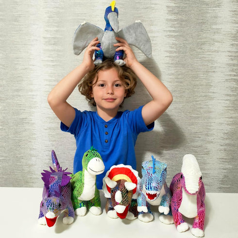 6Pcs 12'' MaoGoLan Stuffed Animals Bulk Dinosaur Plushies with Sequin, Stuffed Dinosaur T-Rex Blue Velociraptor Toys