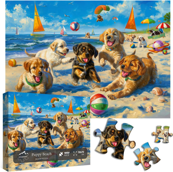 Funny Dog Puzzles for Adults 1000 Pieces - PICKFORU Beach Puzzle Collection, Cute Dog and Puppy Puzzle