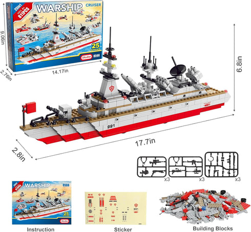 Sitodier Set Kids,811pcs 25 1 6-12 8-14, Military Battleship Building Block for in Cruiser Battle Ship Building Kit Toy