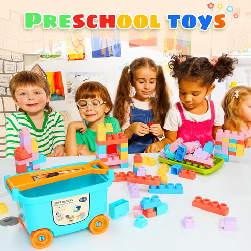 Large Particle Soft Building Block Toys with Storage Box for Toddlers Aged 18 Months to 6 Years (81P)