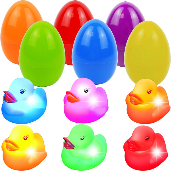 JOYIN 6 Pcs Pre-Filled Easter Eggs with Light-up Floating Duck Bath Toys