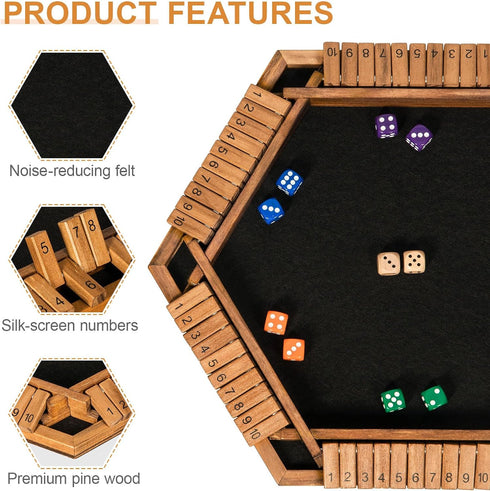 1-6 24 BIVOMON Players Shut The Box Dice Game, Wooden Board Table Math Game for Kids Adult with Dice, Close The Box