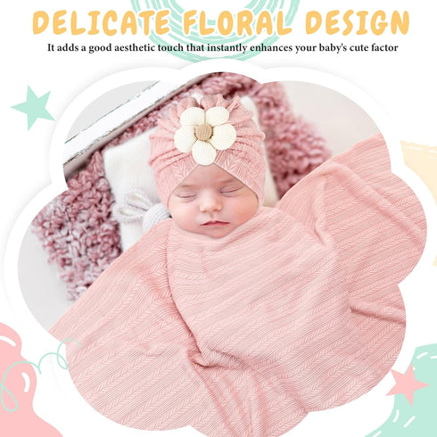 Baby Girl Blankets Newborn Set, 3 Pieces Receiving Blanket with Flower Headbands for Infant Toddler Kids