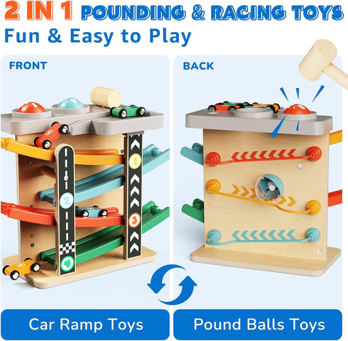 2-in-1 Set 1 2 3 Wooden Car Ramp Race Track Pound Ball Toddler Toy Ball Drop Baby Toy Gift for Year Old Boys Girls
