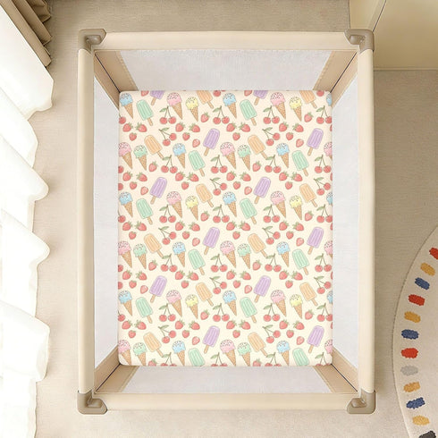 Jynexis 52x28 Ice Cream Cherries Beige Pattern Baby Crib Sheets, Cotton Fitted Crib Sheet, Soft Breathable, Fits